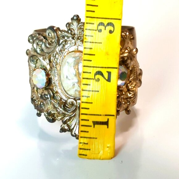 Ornate Baroque Silver Plated Cuff Bracelet Faux Pearl Cabochon AB Rhinestones - Picture 6 of 7